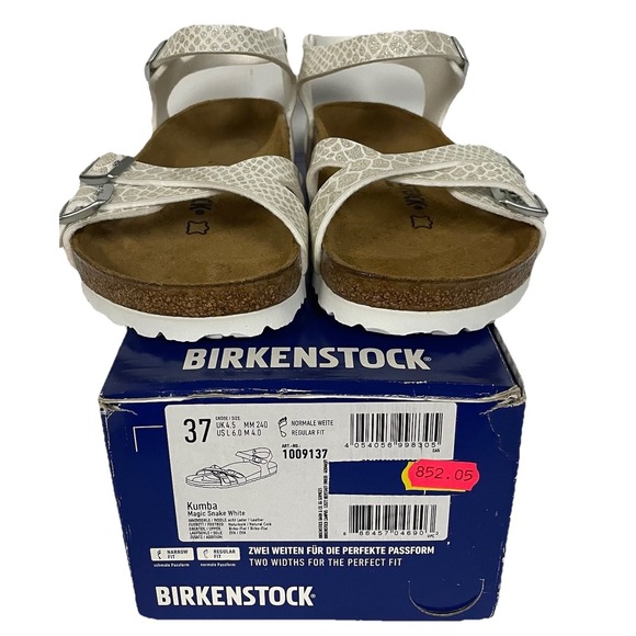 NIB! Birkenstock Women‎ 6 1/2 Kumba Magic Snake Print White Glitter Sandals - Picture 2 of 6